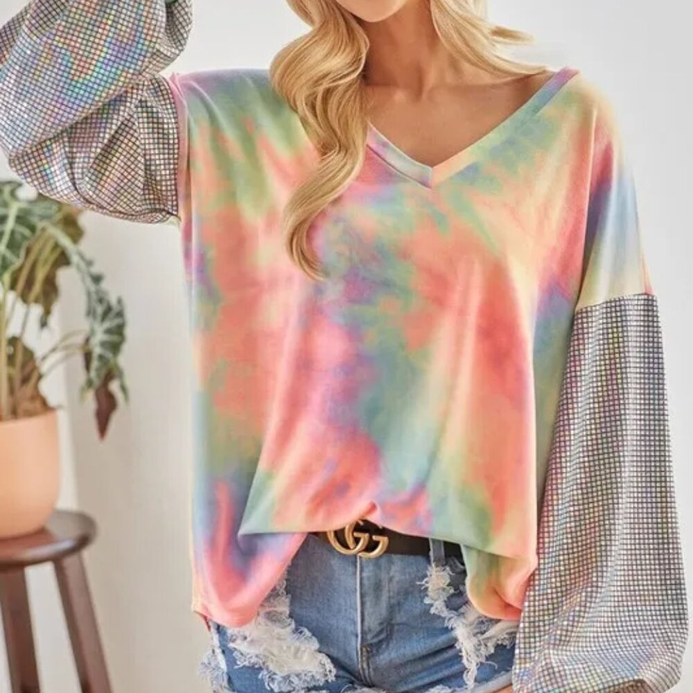 BiBi V Neck Tie Dye‎ French Terry Top with Shiny